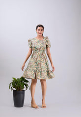 Olive Poly Crepe Square Neck Printed Dress